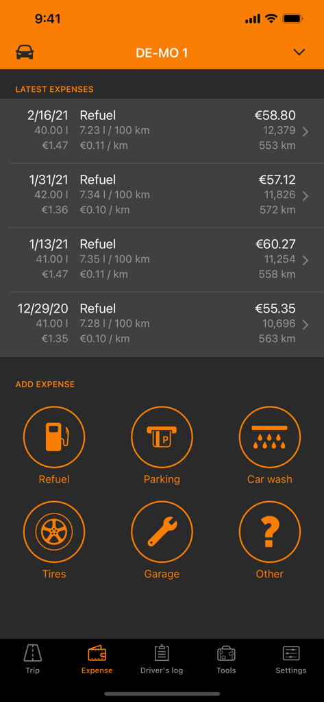 Driverslog Pro 2 app interface showing recent fuel expenses and quick action buttons for adding vehicle costs like parking and maintenance