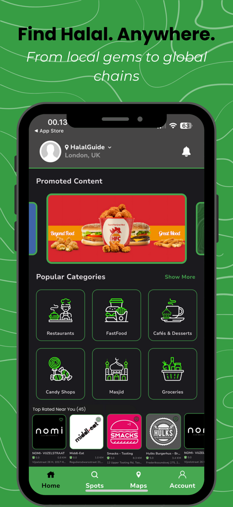 HalalGuide - HalalGuide mobile app home screen displaying food categories and masjid locations