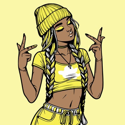 realistic teenage girl with braids and a beanie and crop top doing 🫶🏼