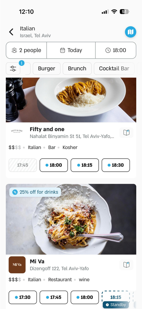 Ontopo mobile app screen showing Italian restaurant listings in Tel Aviv with food photos and real-time booking slots