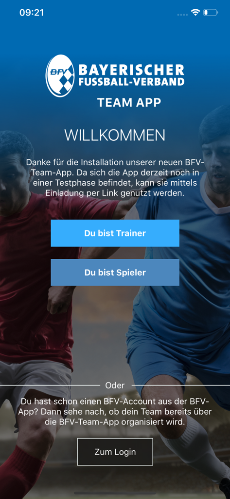 BFV-Team-App - Welcome screen of the BFV-Team-App with selection buttons for coaches and players.