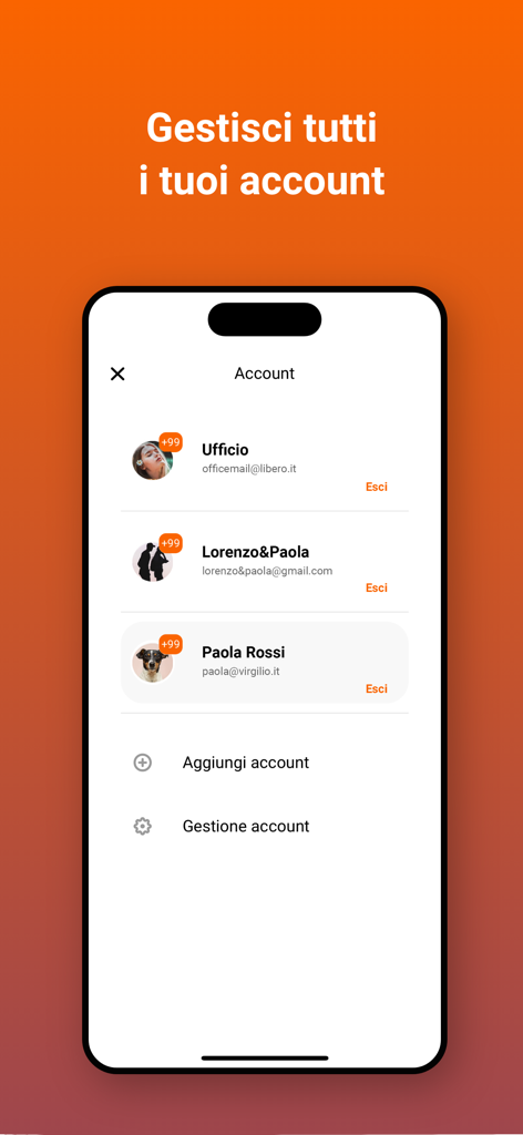Virgilio Mail - Email App - Schermata dell'app Virgilio Mail che mostra la gestione di più account email
