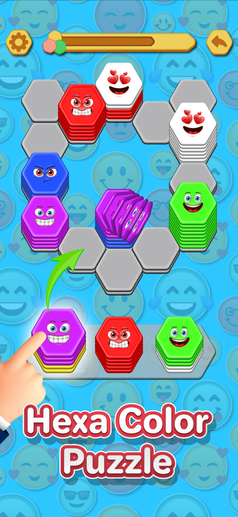 Gameplay of Hexa Sort Merge Emoji Stack featuring colorful emoji tiles and hexagonal sorting mechanics.