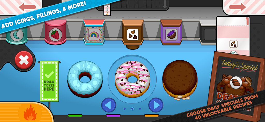 Gameplay screen of Papa's Donuteria To Go showing three donuts being decorated with various icings and toppings