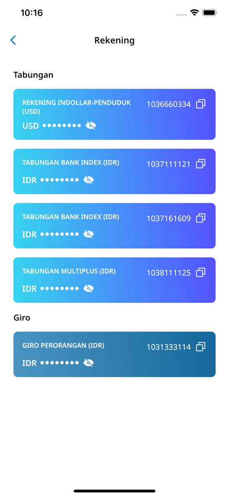 INDEXQU - Übersicht der Spar- und Girokonten in der INDEXQU Mobile Banking App mit Anzeige von USD und IDR Optionen.
