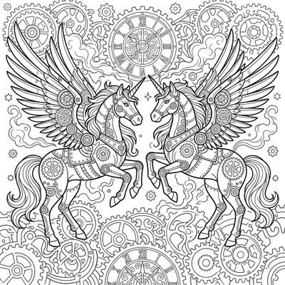 Unleash your creativity with this stunning Steampunk Winged Unicorns coloring page, blending magical creatures with intricate mechanical designs. Explore a world of gears, clockwork, and ethereal steam as you bring this unique fantasy scene to life.