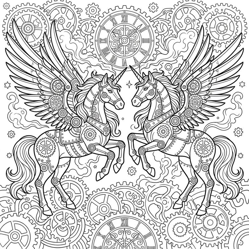 Unleash your creativity with this stunning Steampunk Winged Unicorns coloring page, blending magical creatures with intricate mechanical designs. Explore a world of gears, clockwork, and ethereal steam as you bring this unique fantasy scene to life.
