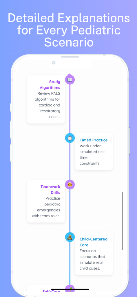 PALS Prep: Pedi Life Support - Interfaccia dell'app PALS Prep che mostra moduli di studio per algoritmi pediatrici ed esercizi pratici