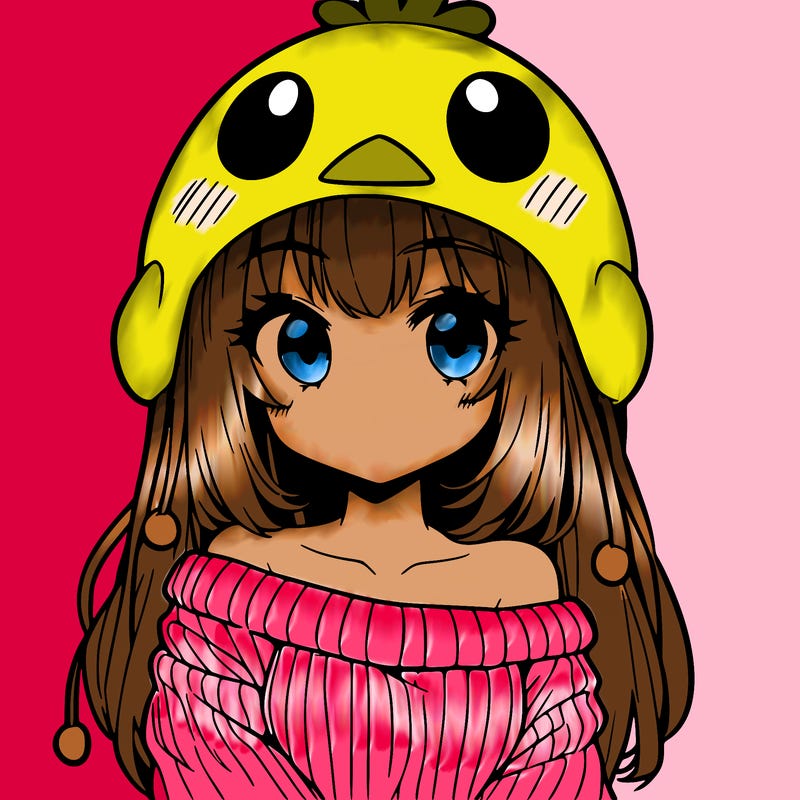 anime girl with chick shaped hat with sweater with bare shoulders with bangs covering them one eye with low tail