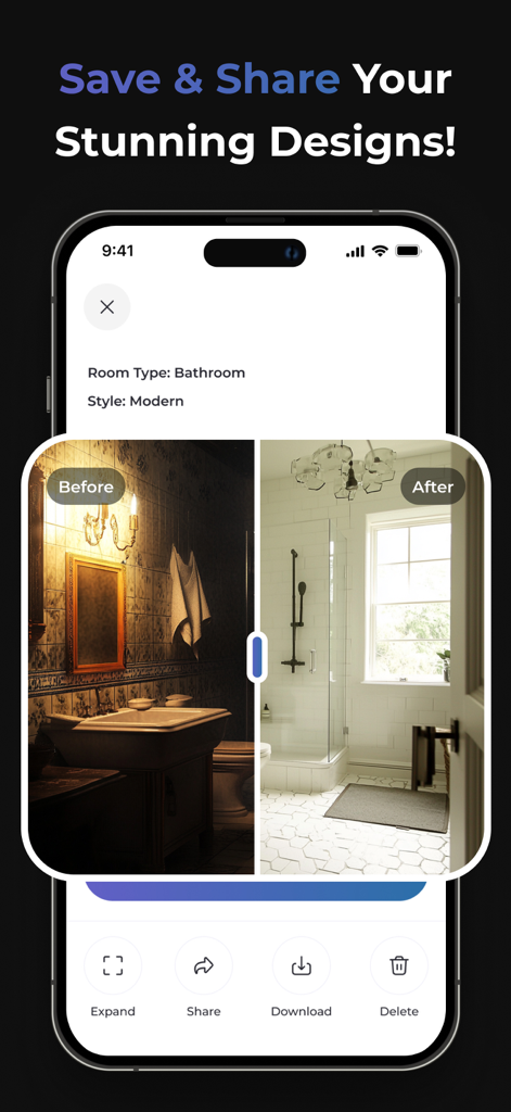 Una comparación de antes y después del diseño de renovación de un baño dentro de la aplicación móvil Room Styler