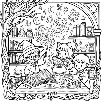 Step into a world of wonder with our delightful coloring page featuring adorable apprentice witches and wizards learning their craft. This magical scene is packed with details, perfect for sparking imagination and bringing fantasy to life with your favorite colors.