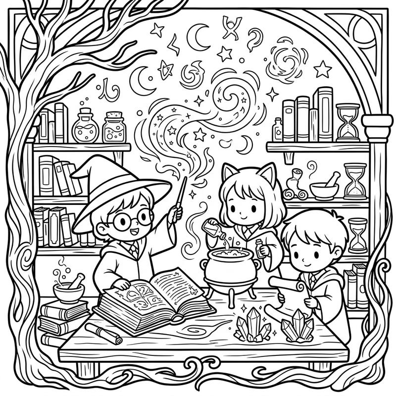 Step into a world of wonder with our delightful coloring page featuring adorable apprentice witches and wizards learning their craft. This magical scene is packed with details, perfect for sparking imagination and bringing fantasy to life with your favorite colors.