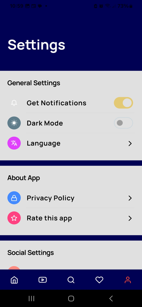 Pagina delle impostazioni dell'app AYV NEWS per la gestione delle notifiche e delle modalità di visualizzazione