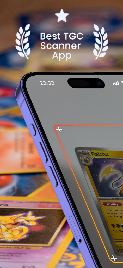 Poké: TCG Scanner for Pokemon - An iPhone scanning a Raichu Pokemon card using the TCG scanner app