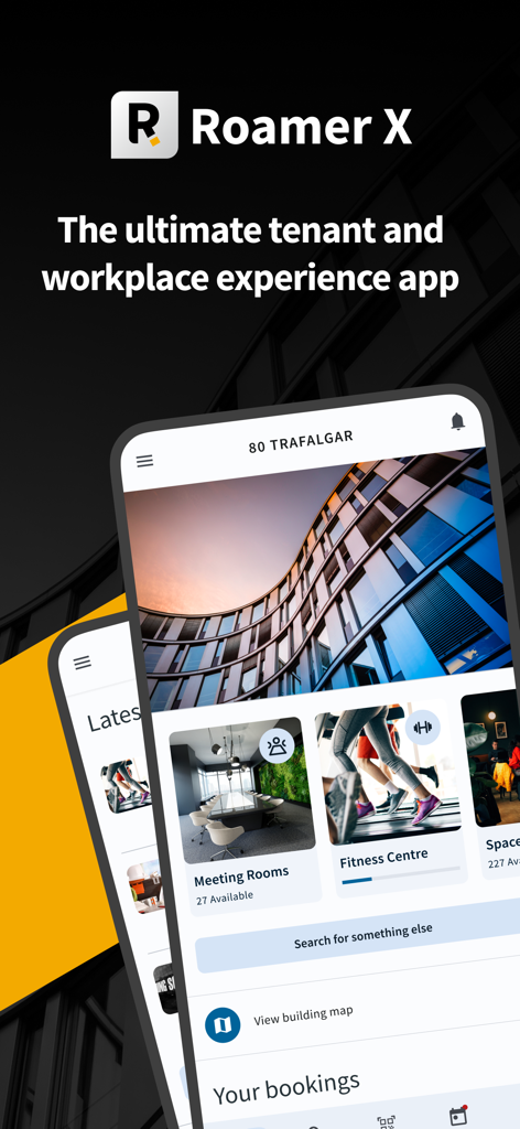 IBSS Roamer X - IBSS Roamer X mobile app interface showing meeting room and fitness center booking options for workplace experience
