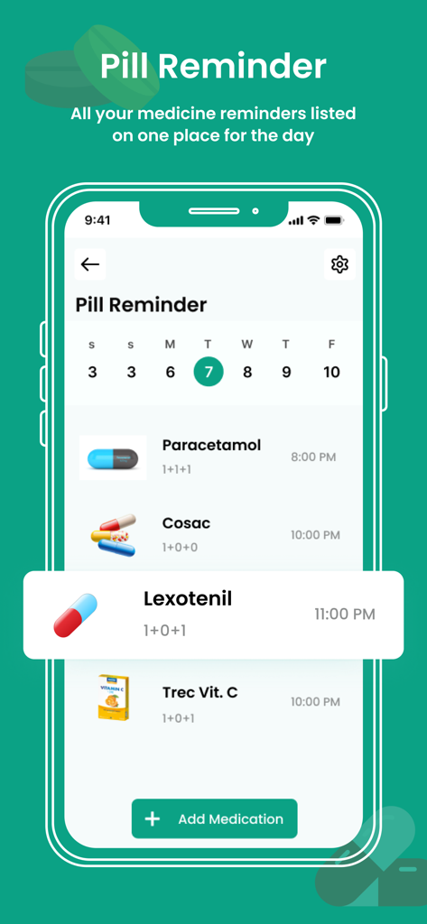 Pill Reminder & Tracker - A daily medication schedule on the Pill Reminder app showing various pills and their scheduled times