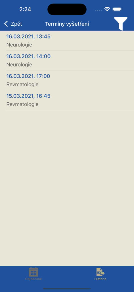 Pantalla móvil que muestra una lista de citas médicas programadas con fechas y departamentos de especialistas