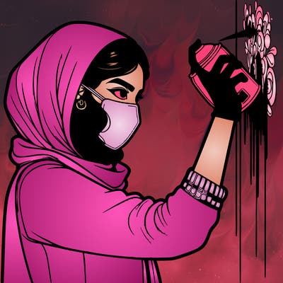 realistic girl with mask spray painting a wall