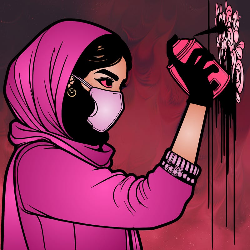 realistic girl with mask spray painting a wall