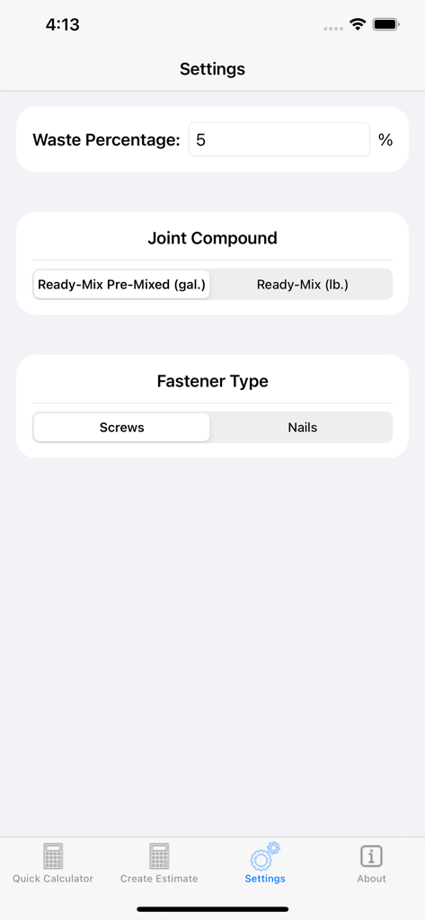 Calculate Drywall - Settings screen of the drywall calculator app showing waste percentage and material options