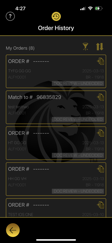 DocuCite - DocuCite mobile app order history screen showing a list of sales orders and their current document review status