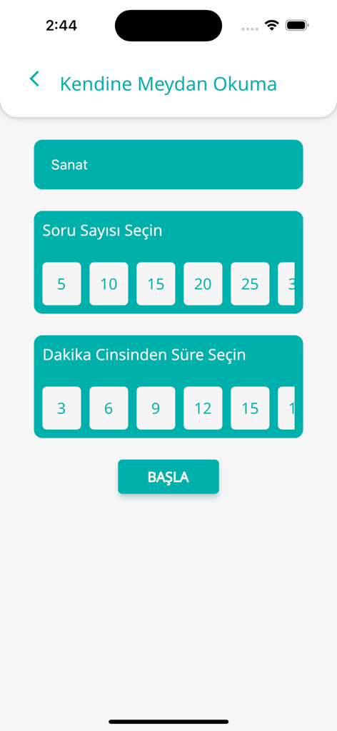 Quizilla - Quizilla mobile app screen showing options to customize a trivia challenge including category question count and time limit