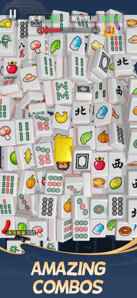 Mahjong Charm tile matching game interface showing a pile of tiles with food icons and the text amazing combos