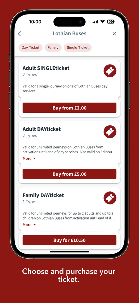 Interfaz de la aplicación Bus and Tram que muestra varios tipos de billetes y precios para la compra