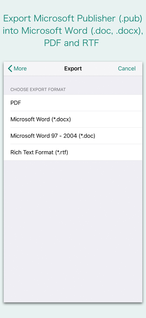 PUB Reader - for MS Publisher - Benutzeroberfläche der PUB Reader App, die Optionen zum Exportieren von Publisher-Dateien in PDF- und Microsoft Word-Formate zeigt