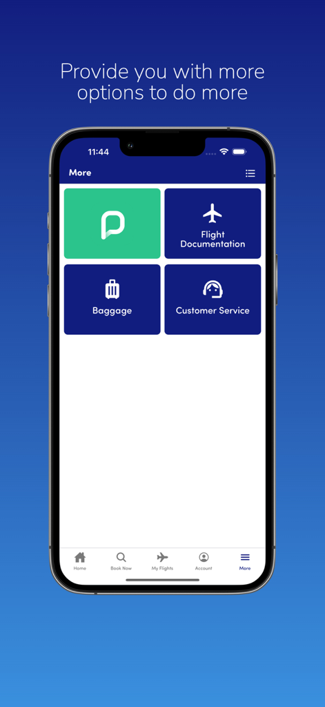 Pantalla del menú Más de la aplicación World2Fly con iconos de documentación de vuelo, equipaje y servicio al cliente.