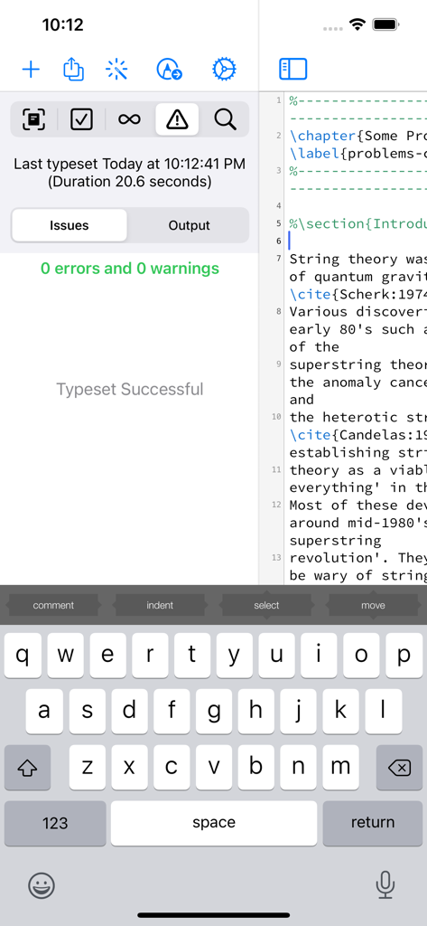 Texifier : LaTeX editor - Interface of Texifier LaTeX editor on iPhone showing a split view with source code on the right and a successful typeset status message on the left.