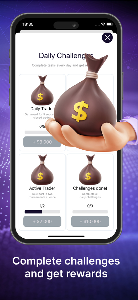 Crypto Capital - Interfaz de la aplicación Crypto Capital que muestra desafíos de trading diarios y recompensas virtuales.