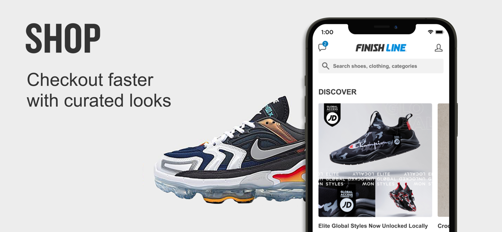 Finish Line – Shop Exclusive - Pantalla de la app Finish Line mostrando colecciones de zapatillas curadas y estilos de calzado de élite