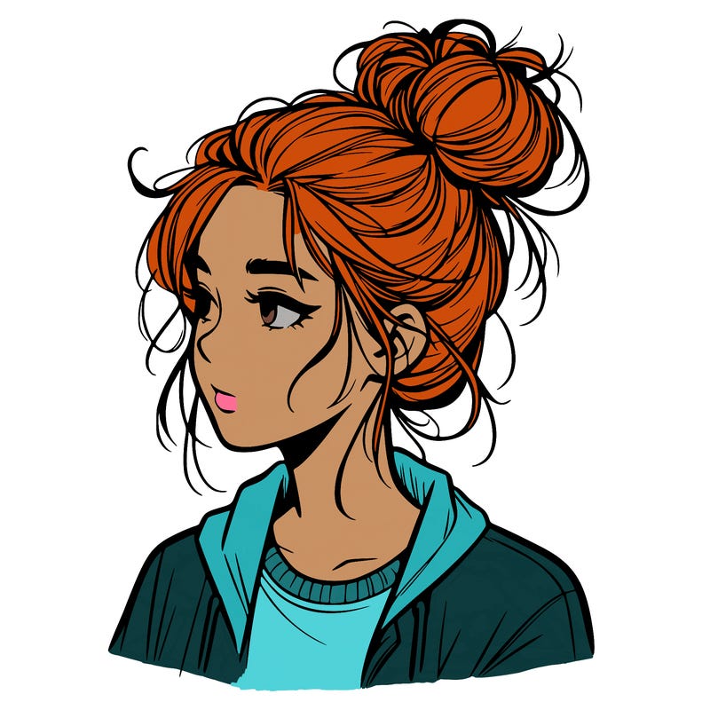 realistic teenage girl with a messy bun