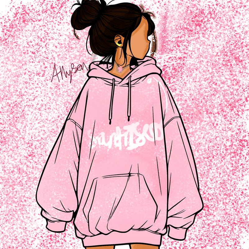 realistic girl with a oversized sweatshirt on and a bun