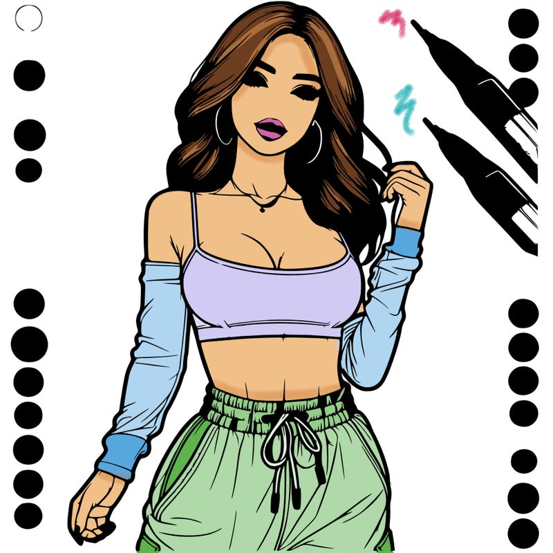 realistic beautiful girl with short crop top and make up and baggy pants