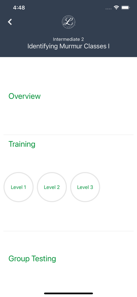 Littmann™ University - Interfaz de la aplicación Littmann University que muestra los niveles de entrenamiento de soplos cardíacos y opciones de pruebas grupales.