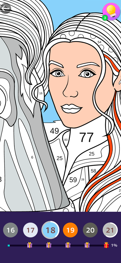 Color by Number: Craft & Art - Une personne coloriant un portrait numérique d'une femme dans une application de type "color by number"