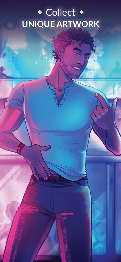 Fictif: Interactive Romance - A stylish male character illustration from the Fictif interactive romance app in neon lighting