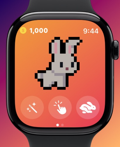 Pixel Paws - Virtual Pet Toy - Pet virtual pixelado de coelho em uma tela de Apple Watch