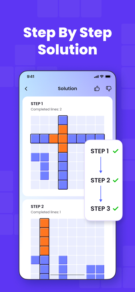 A mobile interface showing a step-by-step solution path for a block puzzle game grid