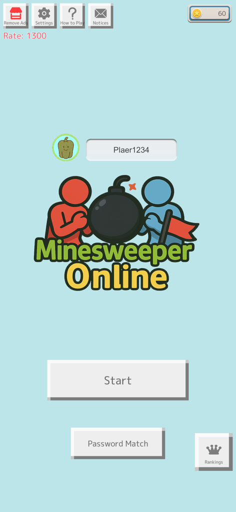 PvP Minesweeper Online main menu showing start and ranking buttons with competitive red and blue characters