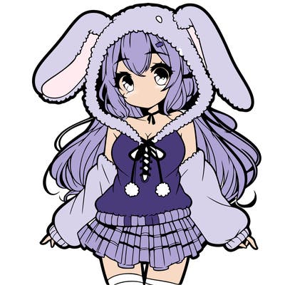pretty anime girl wearing a fluffy hoodie with bunny ears on the hood and a skirt