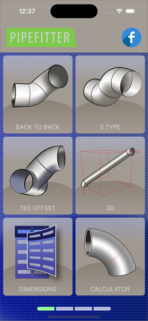 Main menu of the Pipefitter app featuring 3D diagrams for various pipe offset and calculation types