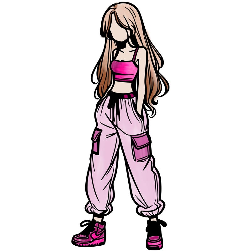 girl in baggy pants crop top and long hair