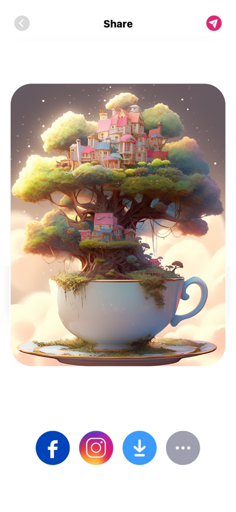 InColor: Coloring & Drawing - Un écran de partage dans l'application InColor présentant une peinture numérique fantaisiste d'une cabane dans un arbre dans une tasse de thé avec des icônes de médias sociaux.