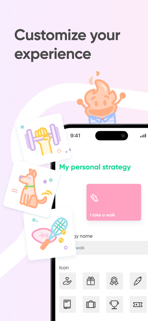 Kwit app screen showing customization options for personal quit smoking strategies with colorful activity icons
