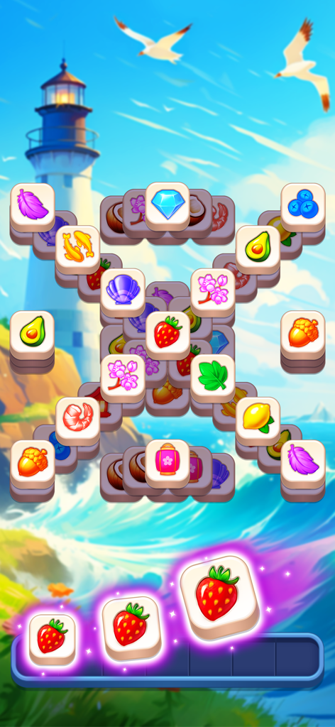 Match Jong - Zen Tile Puzzle - Gameplay screen of Match Jong showing a triple tile matching puzzle with a scenic lighthouse background