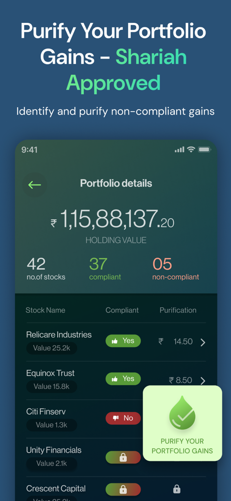 Interfaccia dell'app Islamicly che mostra lo stato di conformità Sharia e i dettagli di purificazione del portafoglio per le azioni