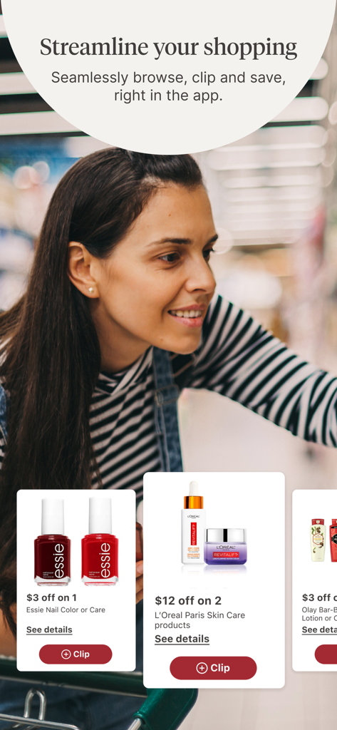 Walgreens - A woman shopping while browsing and clipping digital coupons in the Walgreens app.